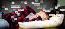 Unhappy child covering his face, surrounded by negative message text