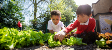Children playing outside with vegetables 