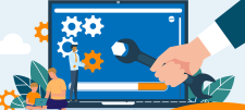 graphic of laptop and hand with spanner