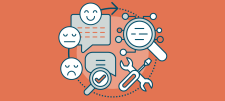 Illustrated magnifying glasses, speech bubbles and tools with a mix of happy and sad faces on orange background