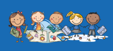 Cartoon drawing happy characters on blue background