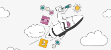 Graphic illustration of person riding a rocket