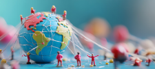 Mini earth covered in tini ropes being held onto by small people