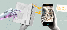 Robot hand pointing to words on a page with a human hand holding a phone which has a picture of a robot on it