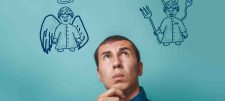 Man thinking with angel on one side of his head and devil on the other