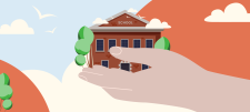 Illustrated hand holding a school building