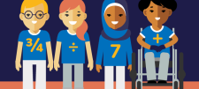Illustrated characters with mathematical symbols on their shirts