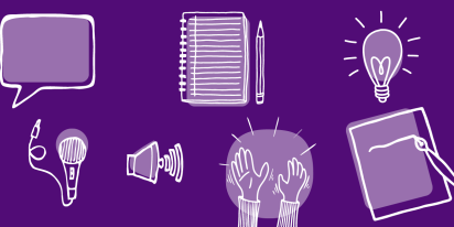 Purple images of writing and light bulb