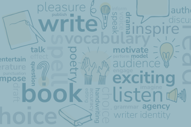 random words on a blue background