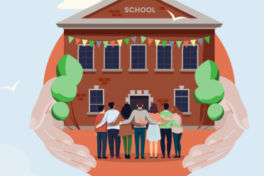 Small schools - people linking arms in front of a school